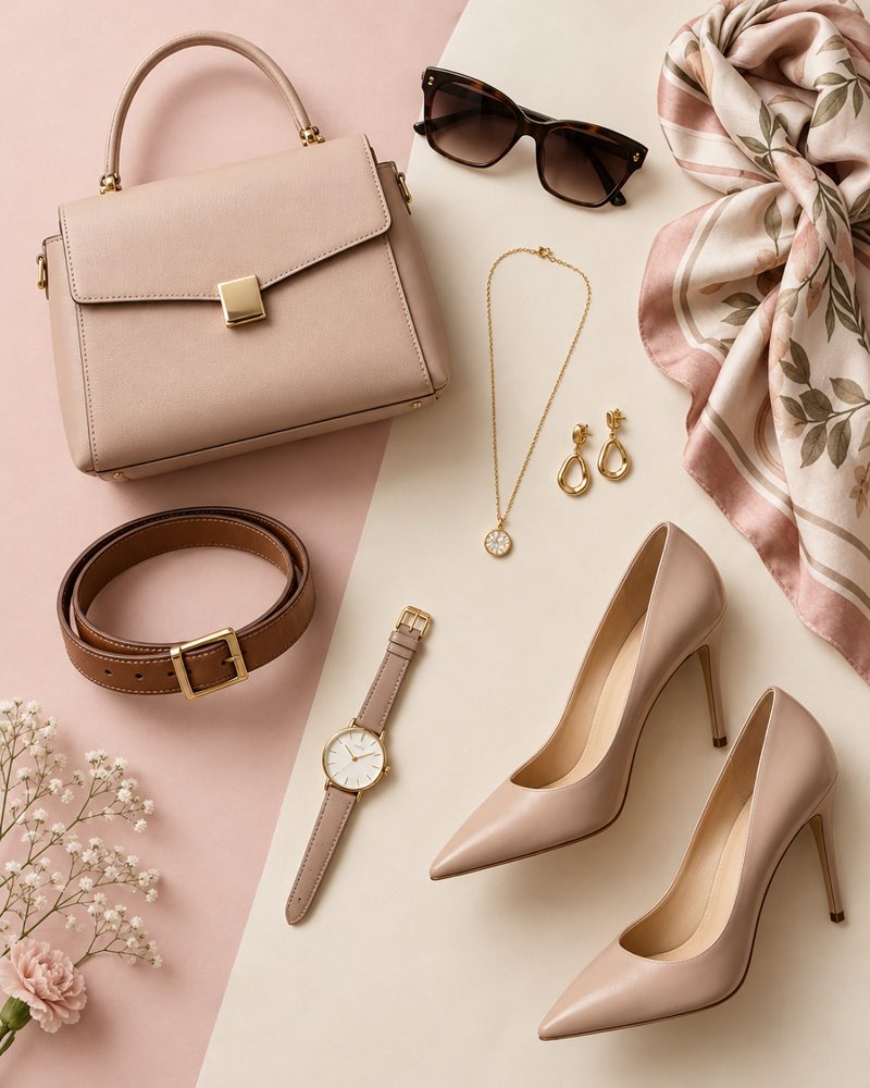 Handbag, sunglasses, scarf, jewellery and heels