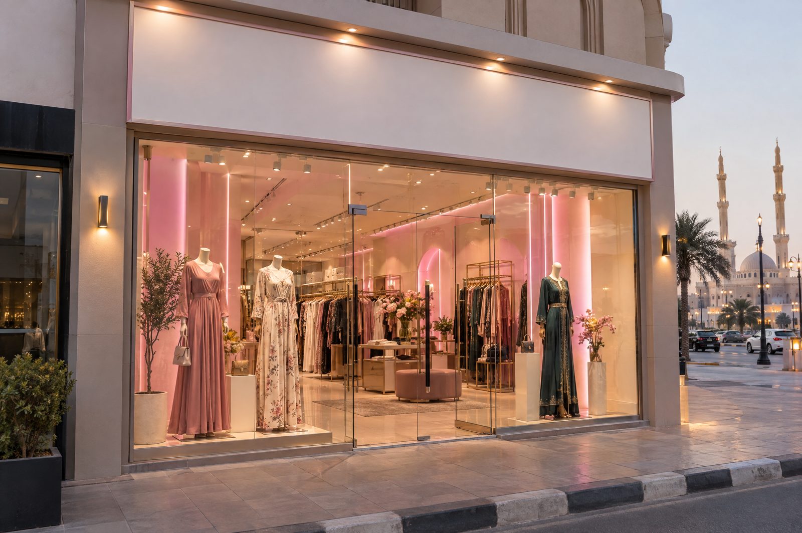 Boutique storefront in the evening with mannequins in the window